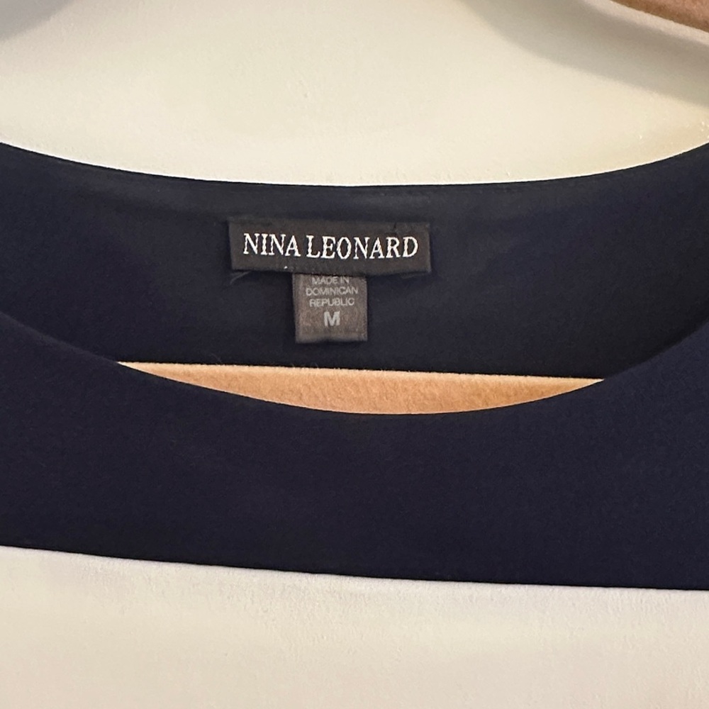 Nina Leonard Navy  and Off-White Long Bell Sleeve Dress - Picture 2 of 4